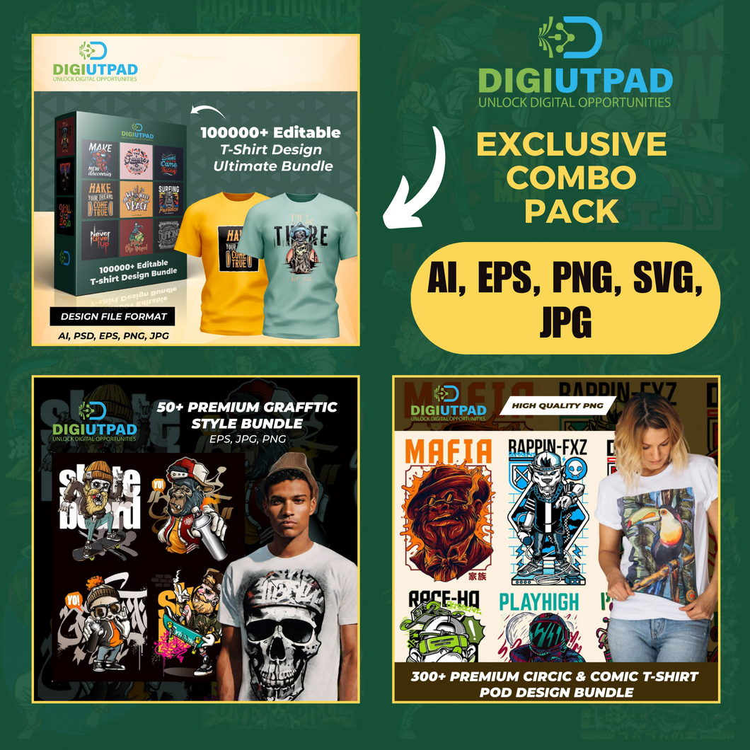 DIGIUTPAD™ 100000 Editable + 50 Grafftic Bundle + 300 Premium Comic T-Shirt Designs Mega Bundle Combo Pack