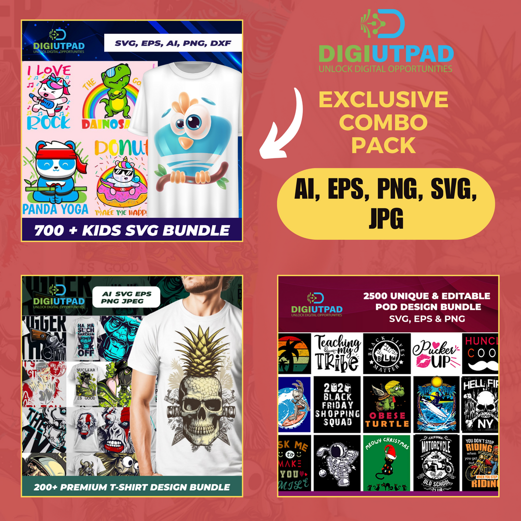 DIGIUTPAD™ 700 Kids + 200 Premium + 2500 Editable Unique T-Shirt Designs Mega Bundle Combo Pack