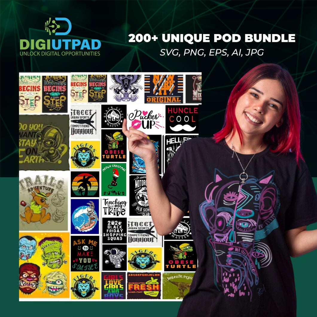DIGIUTPAD™ 200+ Unique POD T-Shirt Design Bundle