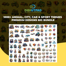 Load image into Gallery viewer, DIGIUTPAD™ 1000+ Premium Animal, City, Car &amp; Sports Theme Mega T-Shirt Design POD Bundle
